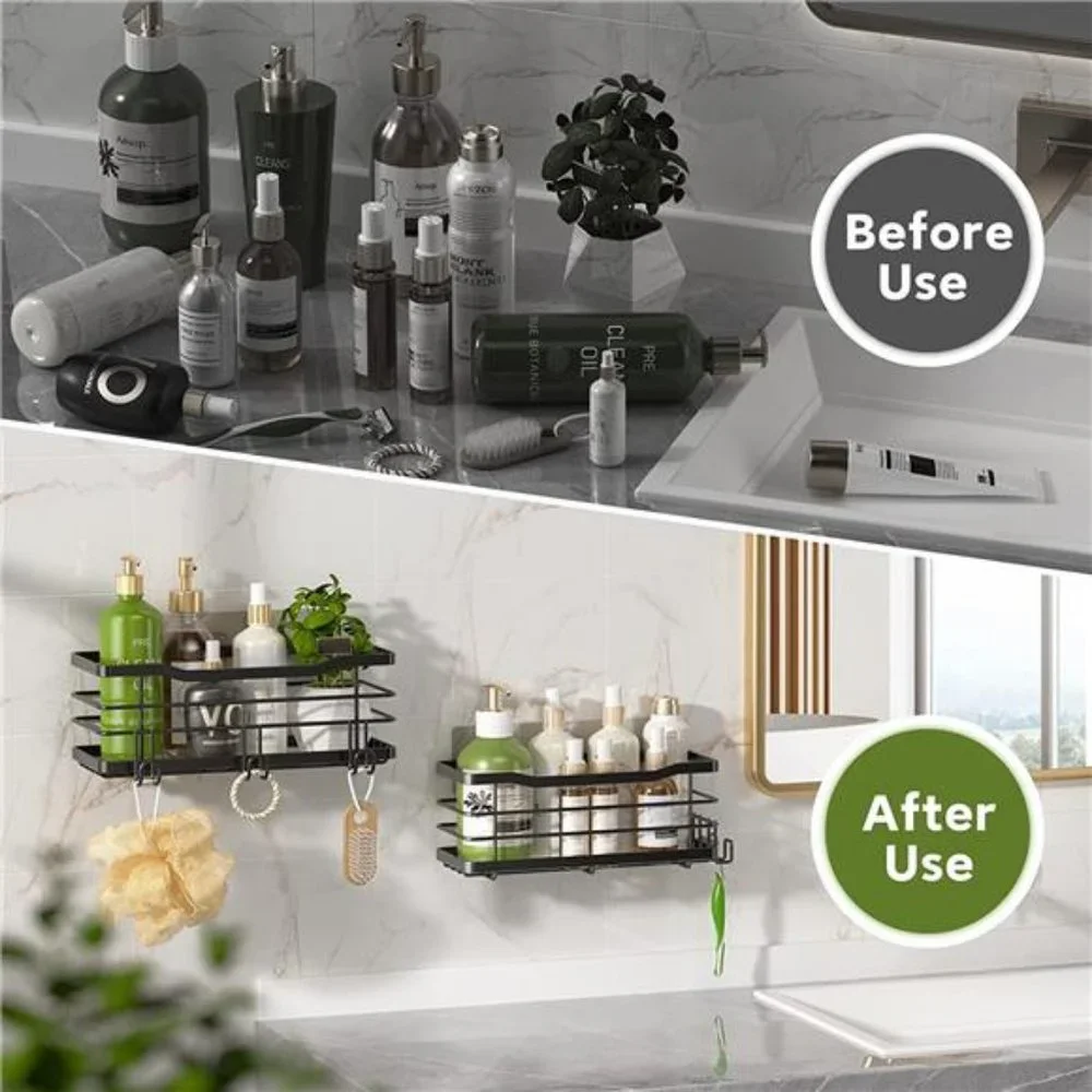 Shower Caddy Adhesive Shower Organizer with 5 Hooks, 2 Pack No Drilling -Black